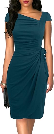 Women's Vintage Cap Sleeves Asymmetrical Neckline Sheath Bodycon Casual Work Cocktail Party Pencil Faux Wrap Dresses